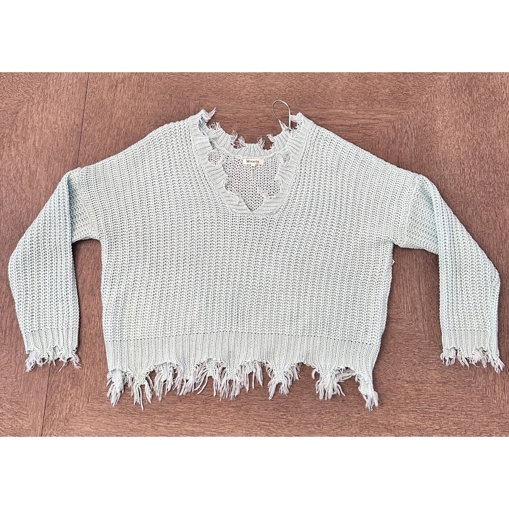 Miracle USA Light Blue Distressed V-Neck Sweater‎ M/L Pullover - Picture 7 of 16